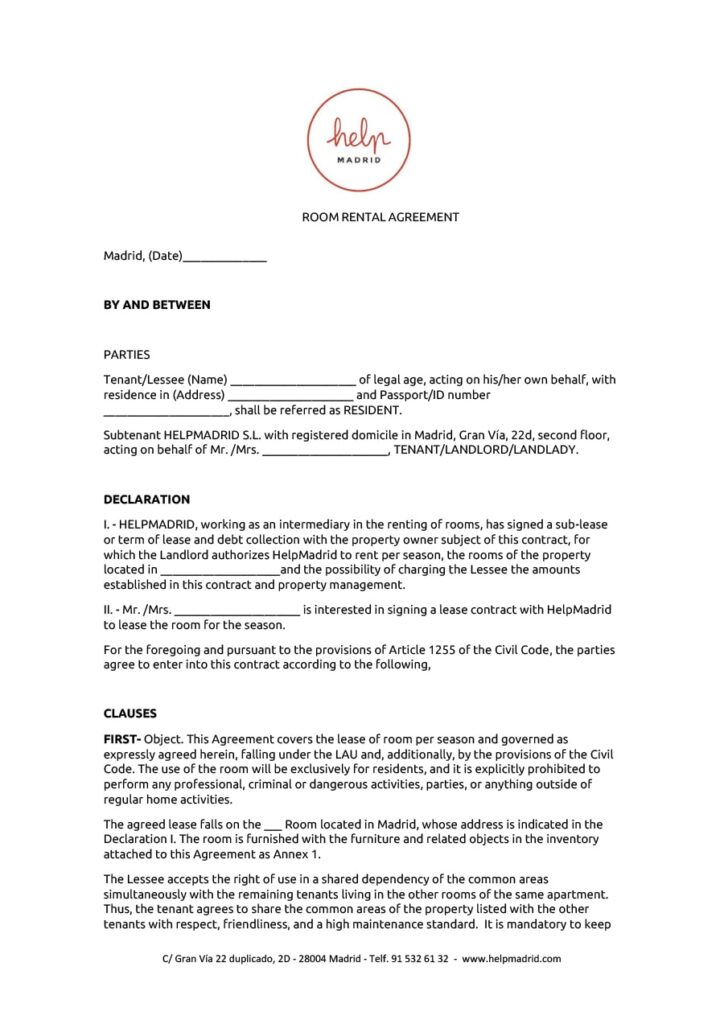 Room Rental Clauses Example Room Rental Agreement Template
