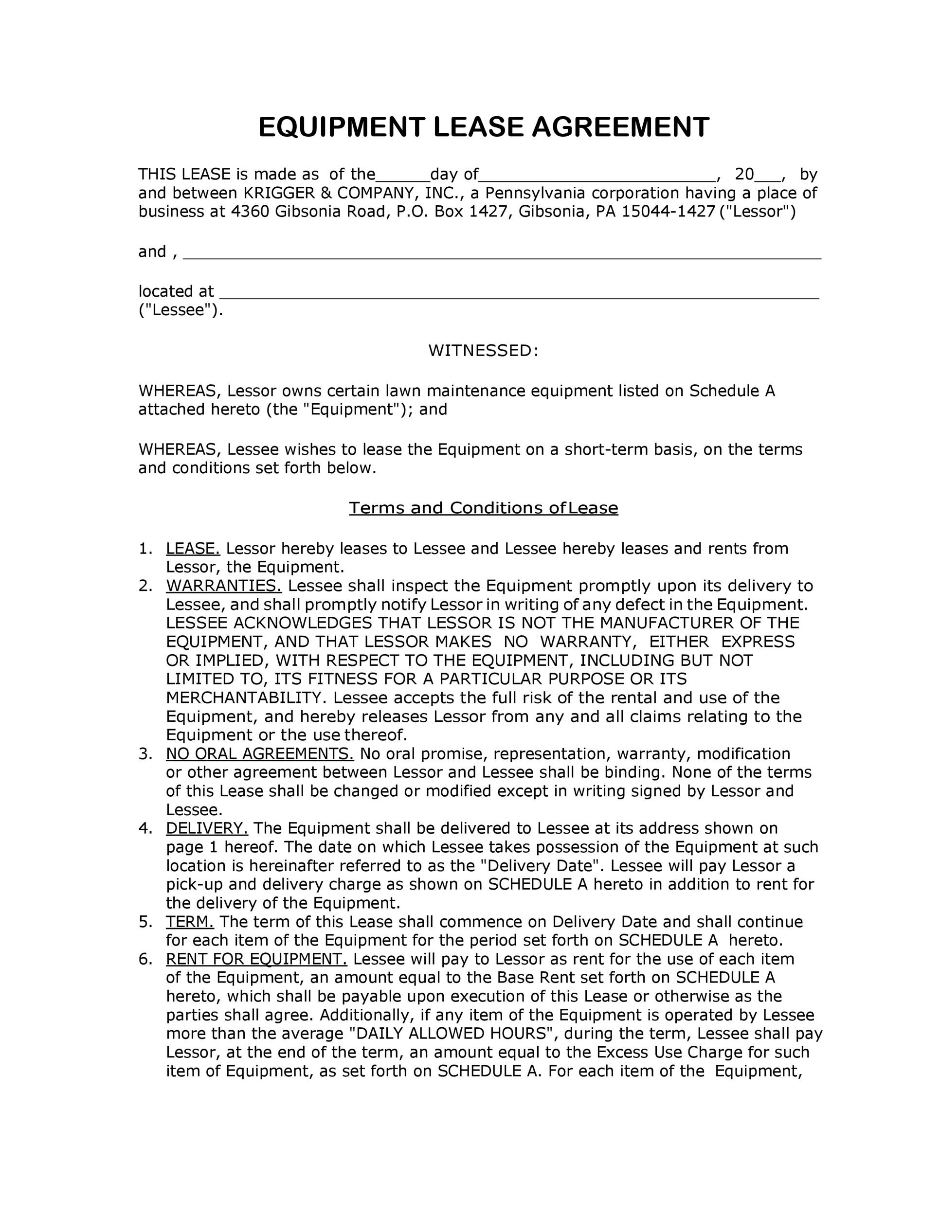 simple equipment lease agreement