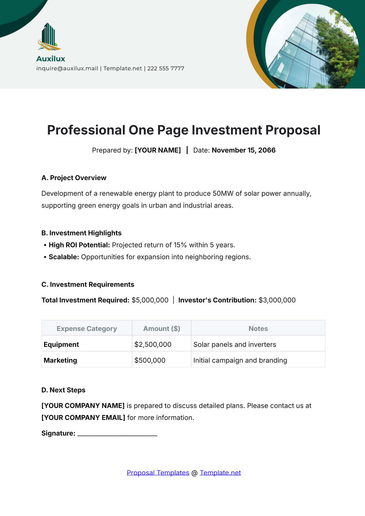 simple investment proposal template