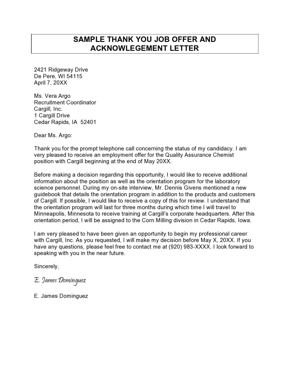 Thank You Letter for Job Offer (Word)