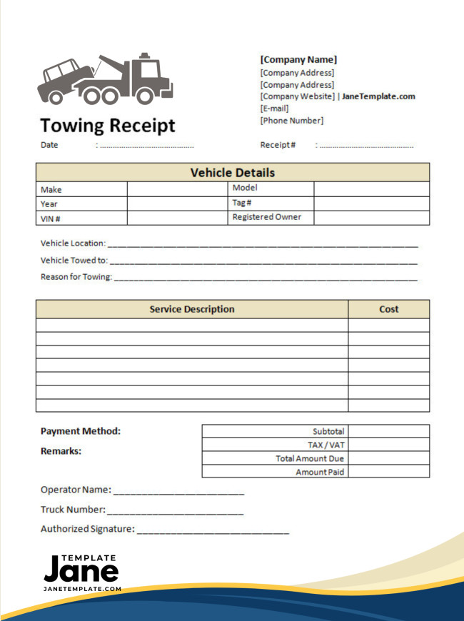 Printable Towing Receipt Template Printable Towing Receipt Template